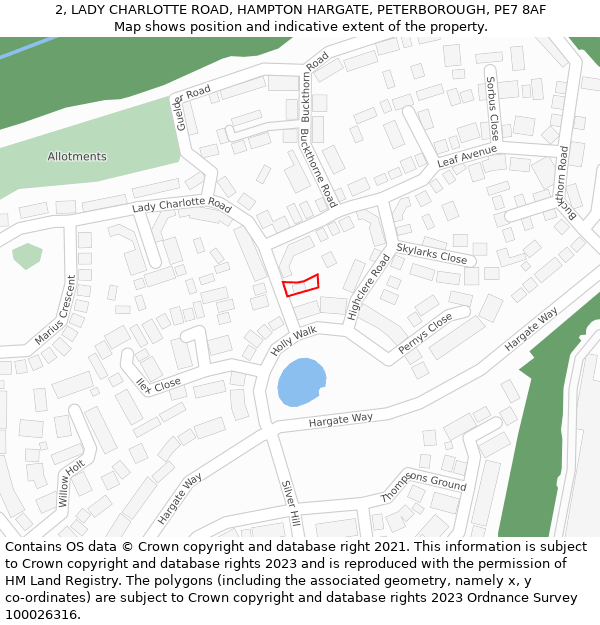 2, LADY CHARLOTTE ROAD, HAMPTON HARGATE, PETERBOROUGH, PE7 8AF: Location map and indicative extent of plot