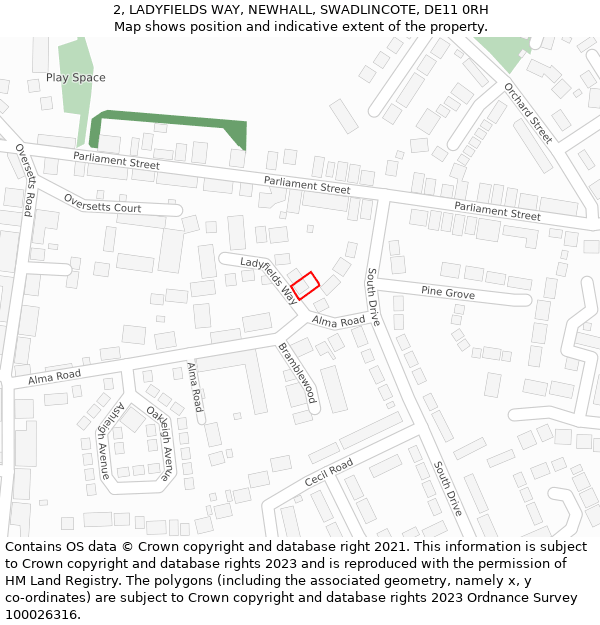 2, LADYFIELDS WAY, NEWHALL, SWADLINCOTE, DE11 0RH: Location map and indicative extent of plot