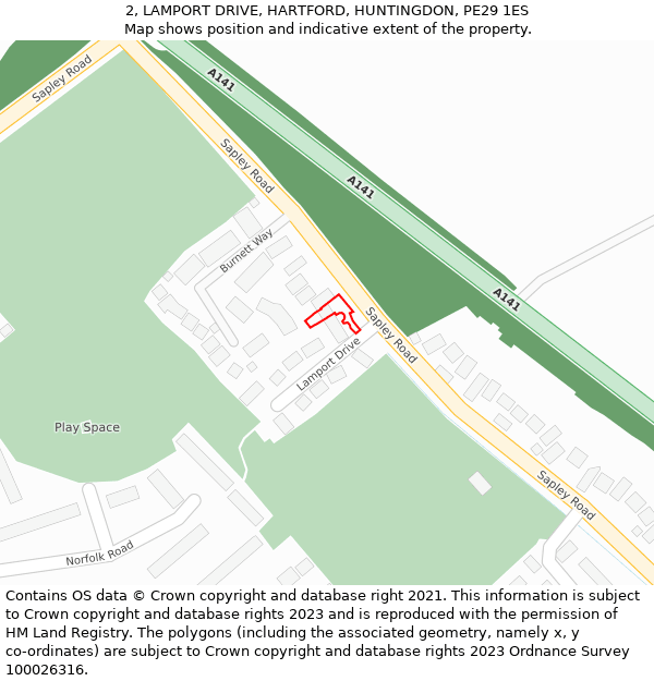 2, LAMPORT DRIVE, HARTFORD, HUNTINGDON, PE29 1ES: Location map and indicative extent of plot