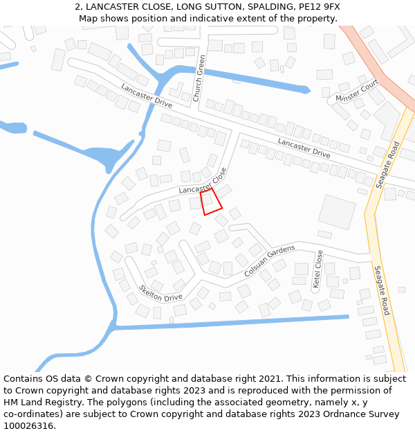 2, LANCASTER CLOSE, LONG SUTTON, SPALDING, PE12 9FX: Location map and indicative extent of plot