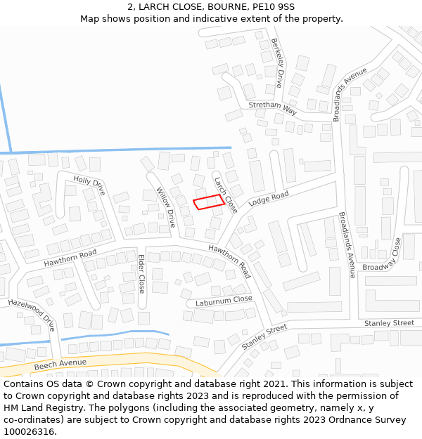 2, LARCH CLOSE, BOURNE, PE10 9SS: Location map and indicative extent of plot