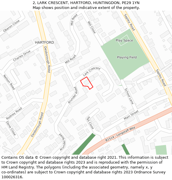 2, LARK CRESCENT, HARTFORD, HUNTINGDON, PE29 1YN: Location map and indicative extent of plot