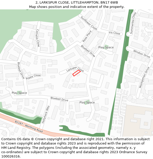 2, LARKSPUR CLOSE, LITTLEHAMPTON, BN17 6WB: Location map and indicative extent of plot