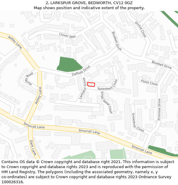 2, LARKSPUR GROVE, BEDWORTH, CV12 0GZ: Location map and indicative extent of plot