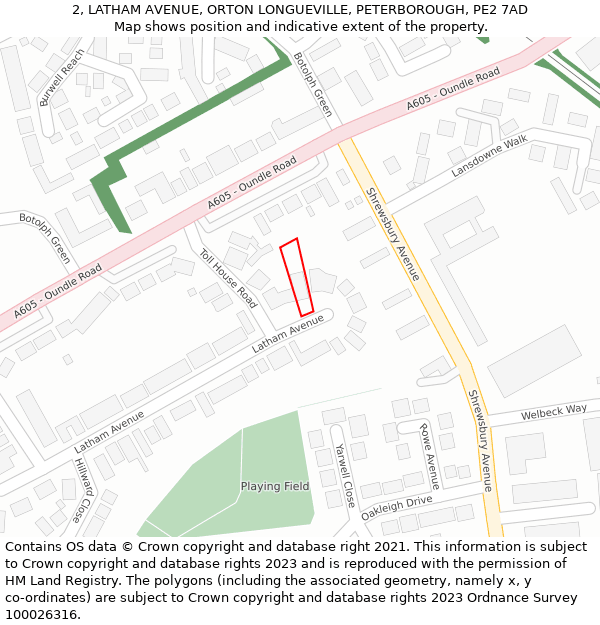 2, LATHAM AVENUE, ORTON LONGUEVILLE, PETERBOROUGH, PE2 7AD: Location map and indicative extent of plot