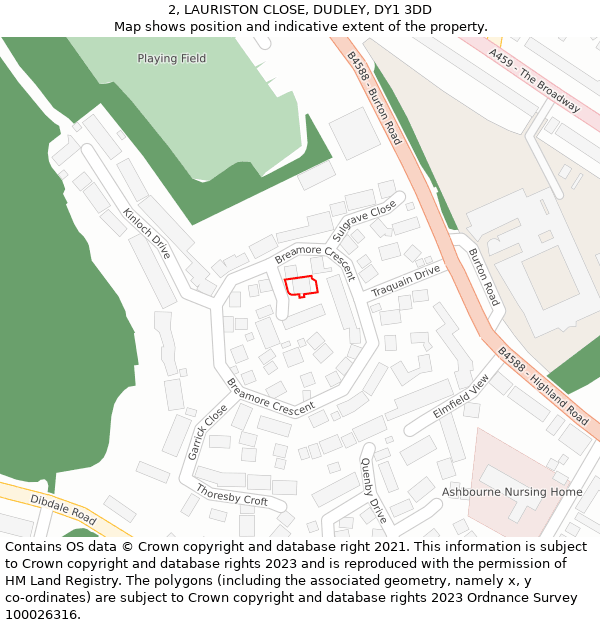 2, LAURISTON CLOSE, DUDLEY, DY1 3DD: Location map and indicative extent of plot