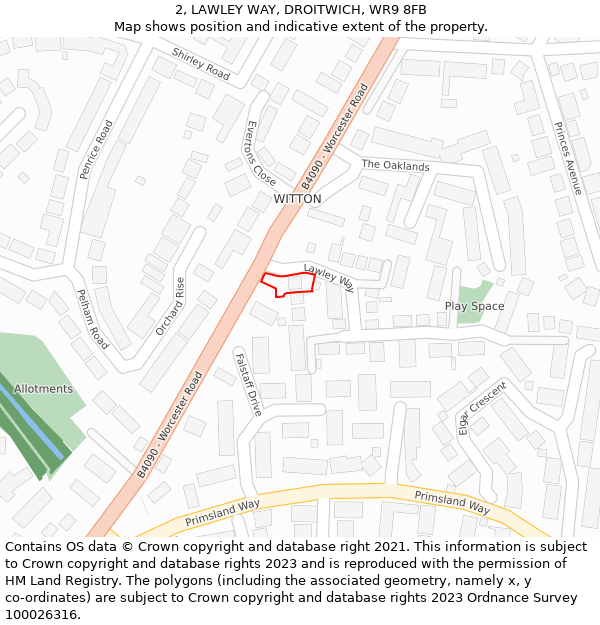 2, LAWLEY WAY, DROITWICH, WR9 8FB: Location map and indicative extent of plot