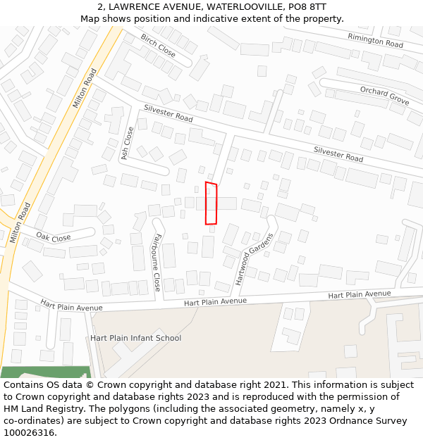 2, LAWRENCE AVENUE, WATERLOOVILLE, PO8 8TT: Location map and indicative extent of plot