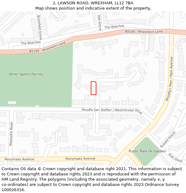 2, LAWSON ROAD, WREXHAM, LL12 7BA: Location map and indicative extent of plot