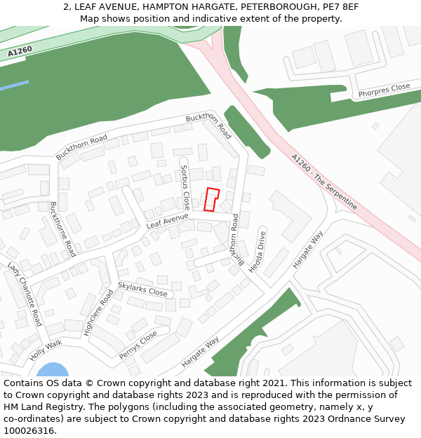 2, LEAF AVENUE, HAMPTON HARGATE, PETERBOROUGH, PE7 8EF: Location map and indicative extent of plot