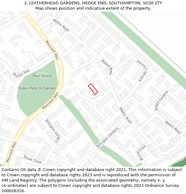 2, LEATHERHEAD GARDENS, HEDGE END, SOUTHAMPTON, SO30 2TY: Location map and indicative extent of plot