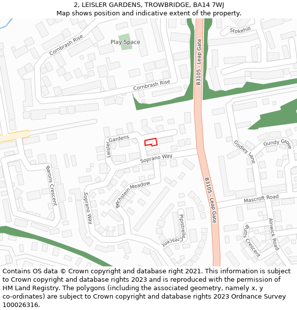 2, LEISLER GARDENS, TROWBRIDGE, BA14 7WJ: Location map and indicative extent of plot