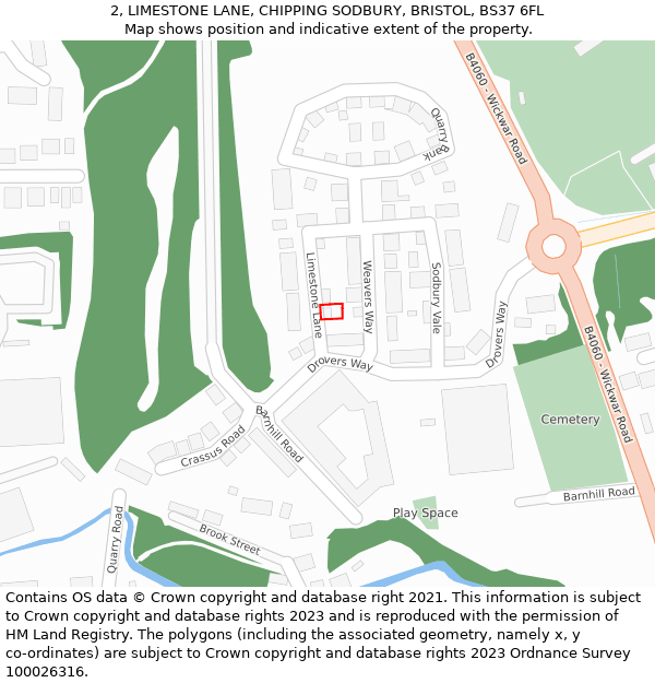 2, LIMESTONE LANE, CHIPPING SODBURY, BRISTOL, BS37 6FL: Location map and indicative extent of plot