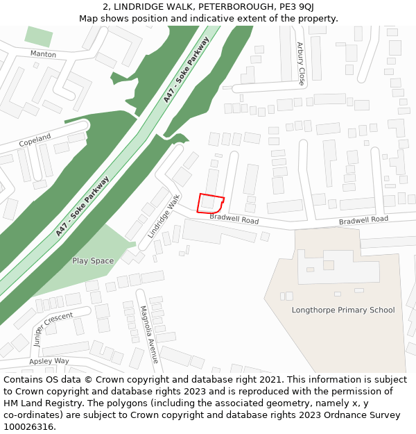 2, LINDRIDGE WALK, PETERBOROUGH, PE3 9QJ: Location map and indicative extent of plot