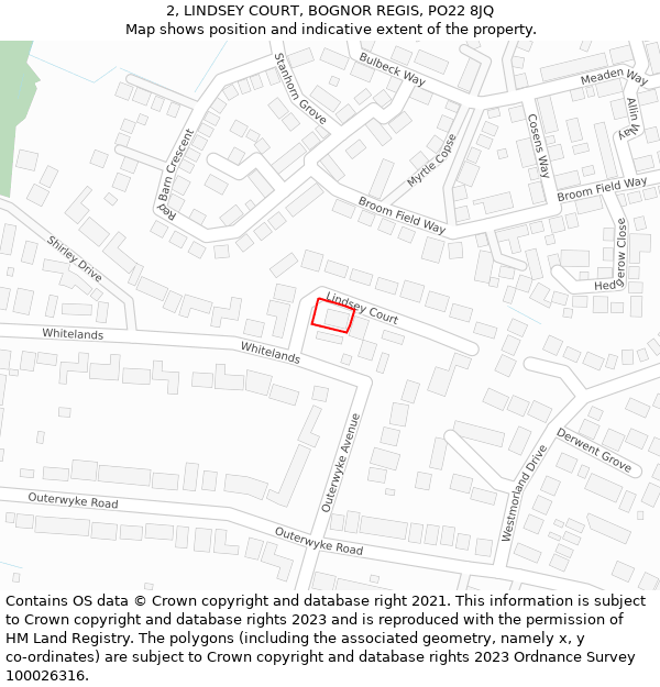 2, LINDSEY COURT, BOGNOR REGIS, PO22 8JQ: Location map and indicative extent of plot