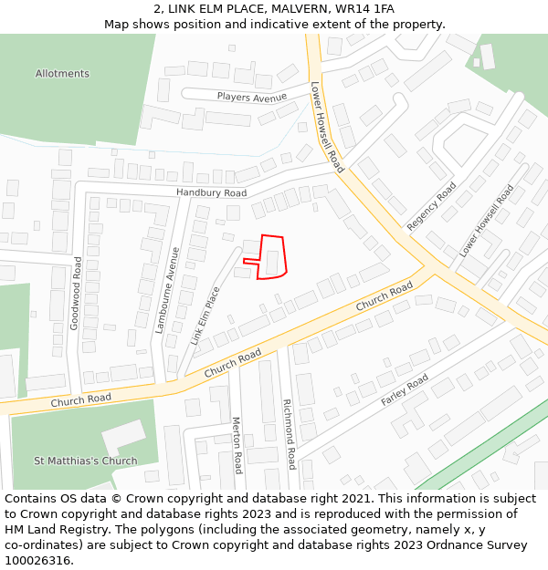 2, LINK ELM PLACE, MALVERN, WR14 1FA: Location map and indicative extent of plot