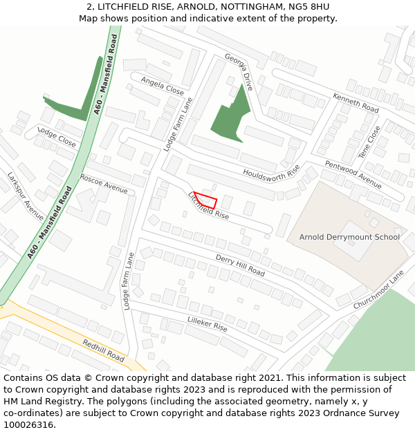 2, LITCHFIELD RISE, ARNOLD, NOTTINGHAM, NG5 8HU: Location map and indicative extent of plot