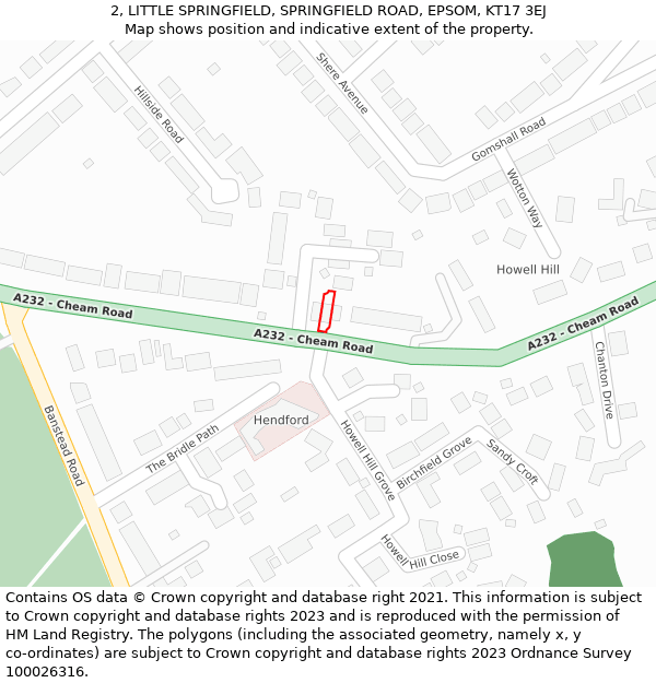 2, LITTLE SPRINGFIELD, SPRINGFIELD ROAD, EPSOM, KT17 3EJ: Location map and indicative extent of plot