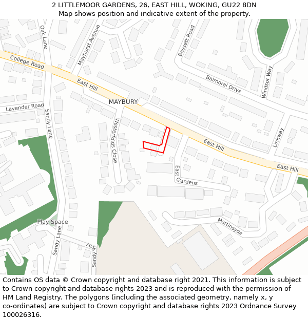 2 LITTLEMOOR GARDENS, 26, EAST HILL, WOKING, GU22 8DN: Location map and indicative extent of plot