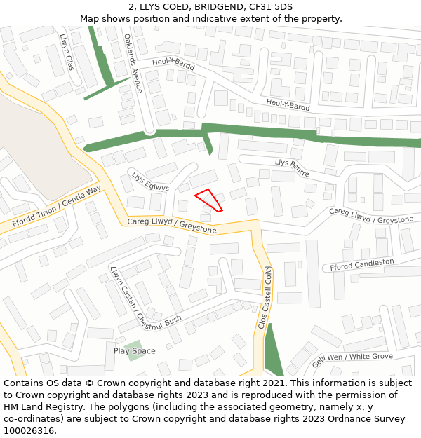 2, LLYS COED, BRIDGEND, CF31 5DS: Location map and indicative extent of plot