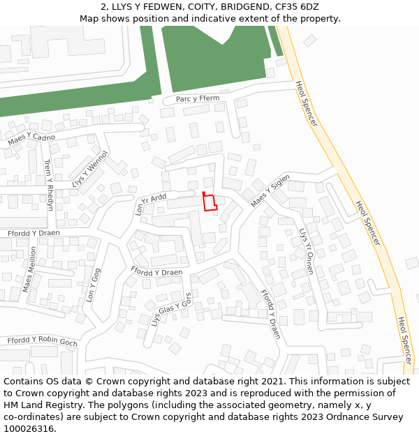 2, LLYS Y FEDWEN, COITY, BRIDGEND, CF35 6DZ: Location map and indicative extent of plot