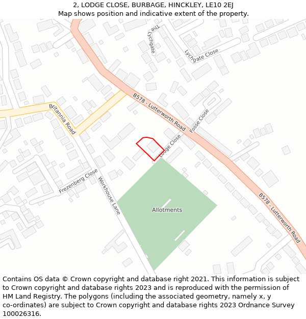 2, LODGE CLOSE, BURBAGE, HINCKLEY, LE10 2EJ: Location map and indicative extent of plot