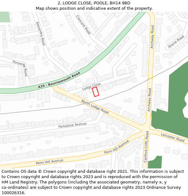 2, LODGE CLOSE, POOLE, BH14 9BD: Location map and indicative extent of plot