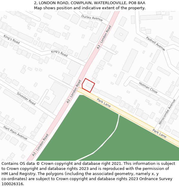 2, LONDON ROAD, COWPLAIN, WATERLOOVILLE, PO8 8AA: Location map and indicative extent of plot