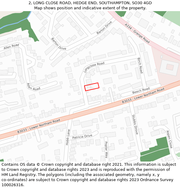 2, LONG CLOSE ROAD, HEDGE END, SOUTHAMPTON, SO30 4GD: Location map and indicative extent of plot