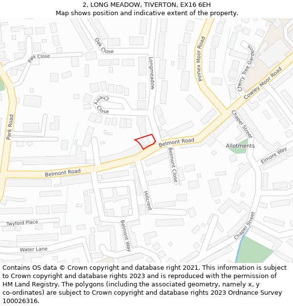 2, LONG MEADOW, TIVERTON, EX16 6EH: Location map and indicative extent of plot