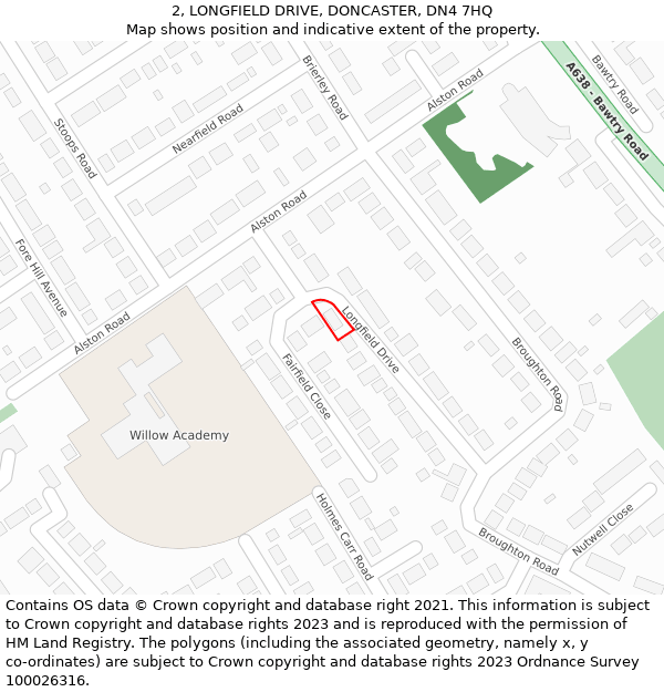 2, LONGFIELD DRIVE, DONCASTER, DN4 7HQ: Location map and indicative extent of plot