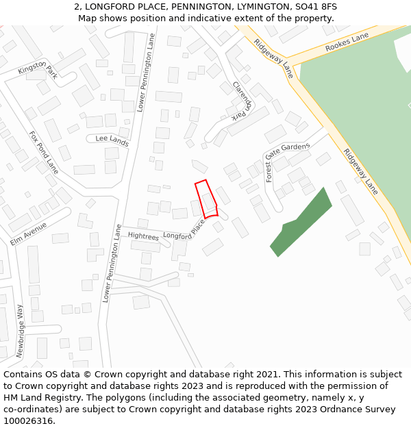 2, LONGFORD PLACE, PENNINGTON, LYMINGTON, SO41 8FS: Location map and indicative extent of plot