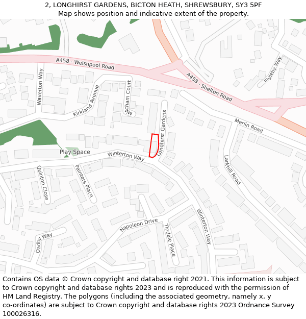 2, LONGHIRST GARDENS, BICTON HEATH, SHREWSBURY, SY3 5PF: Location map and indicative extent of plot