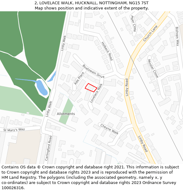 2, LOVELACE WALK, HUCKNALL, NOTTINGHAM, NG15 7ST: Location map and indicative extent of plot