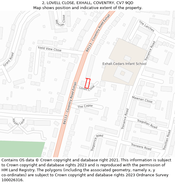 2, LOVELL CLOSE, EXHALL, COVENTRY, CV7 9QD: Location map and indicative extent of plot