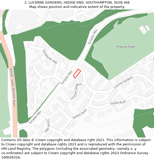 2, LUCERNE GARDENS, HEDGE END, SOUTHAMPTON, SO30 4SE: Location map and indicative extent of plot