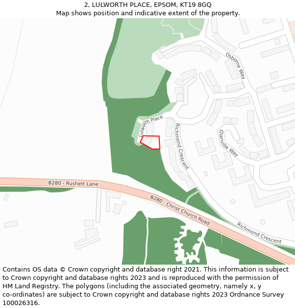 2, LULWORTH PLACE, EPSOM, KT19 8GQ: Location map and indicative extent of plot