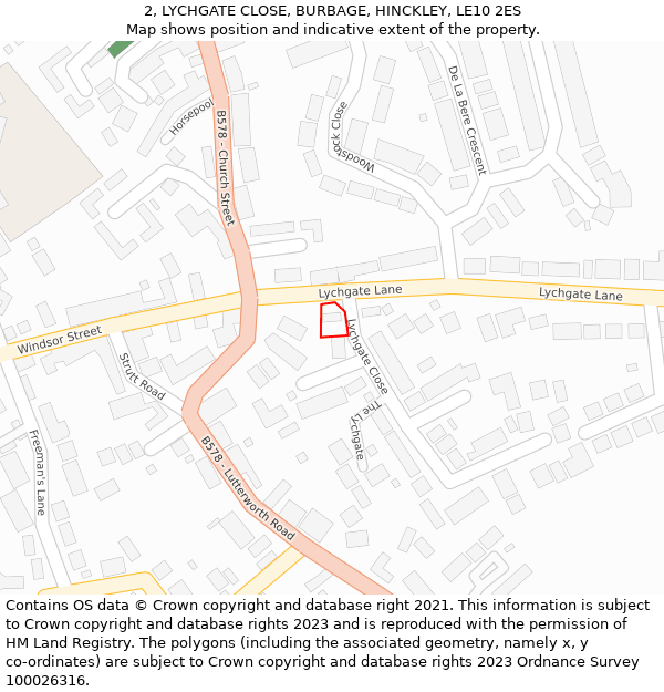 2, LYCHGATE CLOSE, BURBAGE, HINCKLEY, LE10 2ES: Location map and indicative extent of plot