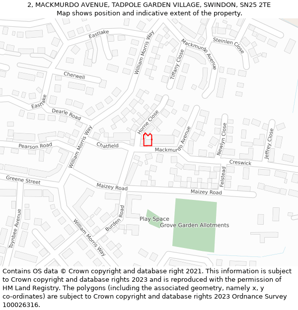 2, MACKMURDO AVENUE, TADPOLE GARDEN VILLAGE, SWINDON, SN25 2TE: Location map and indicative extent of plot