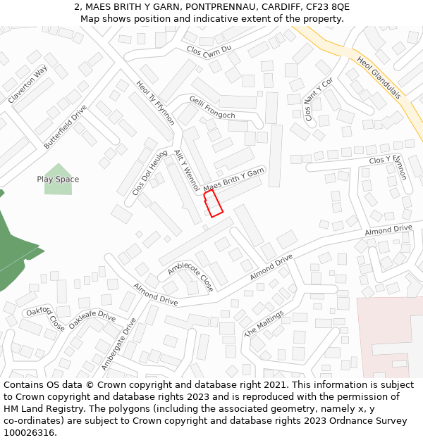2, MAES BRITH Y GARN, PONTPRENNAU, CARDIFF, CF23 8QE: Location map and indicative extent of plot