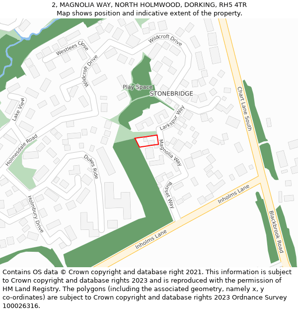 2, MAGNOLIA WAY, NORTH HOLMWOOD, DORKING, RH5 4TR: Location map and indicative extent of plot