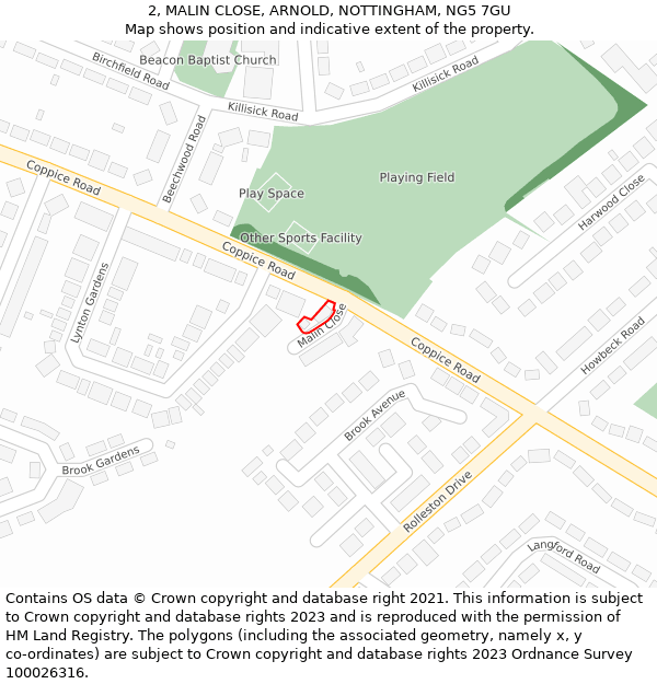 2, MALIN CLOSE, ARNOLD, NOTTINGHAM, NG5 7GU: Location map and indicative extent of plot