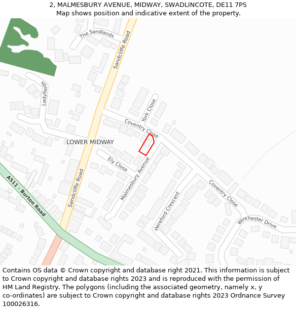 2, MALMESBURY AVENUE, MIDWAY, SWADLINCOTE, DE11 7PS: Location map and indicative extent of plot