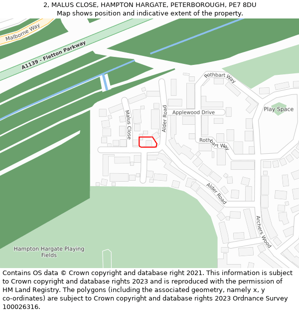 2, MALUS CLOSE, HAMPTON HARGATE, PETERBOROUGH, PE7 8DU: Location map and indicative extent of plot