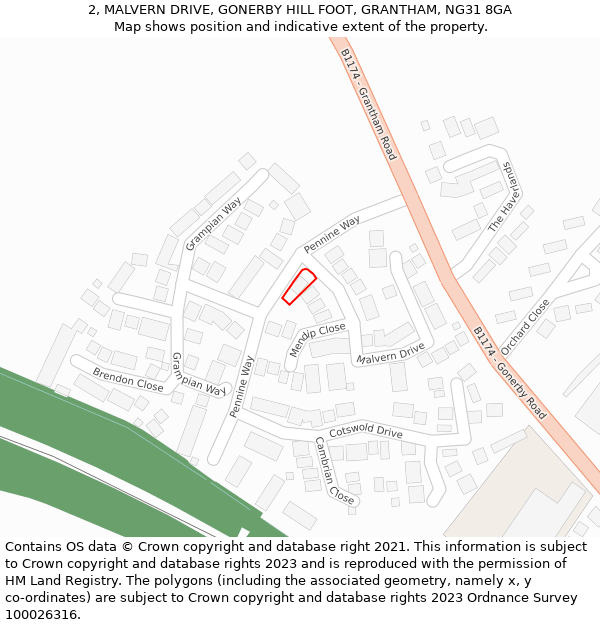 2, MALVERN DRIVE, GONERBY HILL FOOT, GRANTHAM, NG31 8GA: Location map and indicative extent of plot