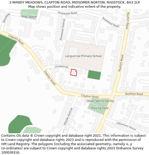 2 MANDY MEADOWS, CLAPTON ROAD, MIDSOMER NORTON, RADSTOCK, BA3 2LP: Location map and indicative extent of plot