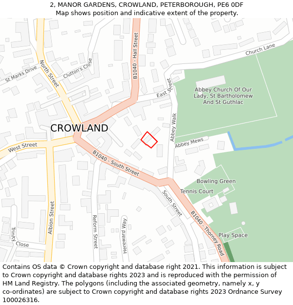 2, MANOR GARDENS, CROWLAND, PETERBOROUGH, PE6 0DF: Location map and indicative extent of plot