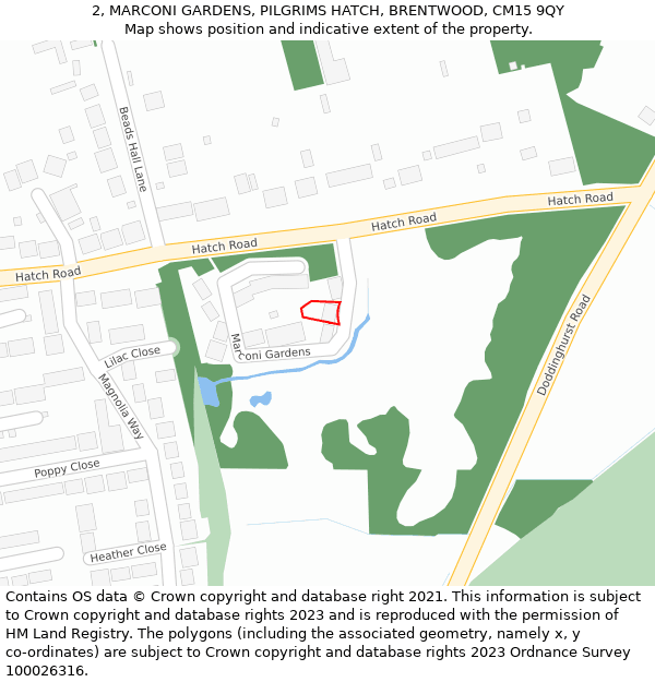 2, MARCONI GARDENS, PILGRIMS HATCH, BRENTWOOD, CM15 9QY: Location map and indicative extent of plot