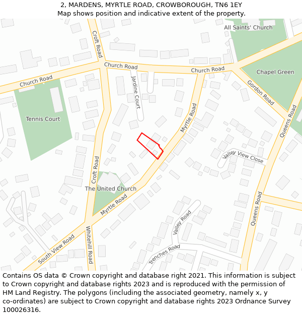 2, MARDENS, MYRTLE ROAD, CROWBOROUGH, TN6 1EY: Location map and indicative extent of plot