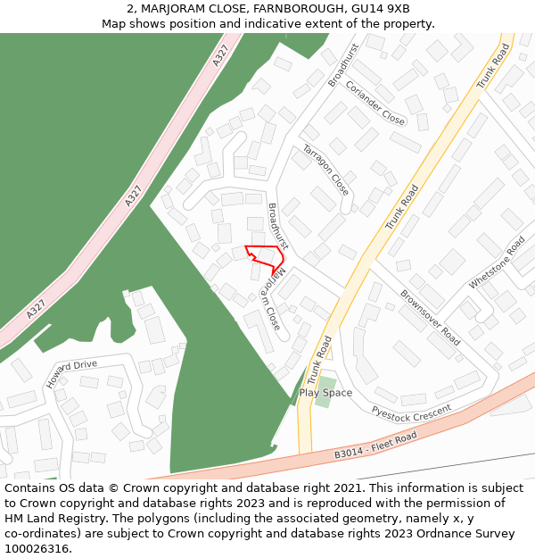 2, MARJORAM CLOSE, FARNBOROUGH, GU14 9XB: Location map and indicative extent of plot